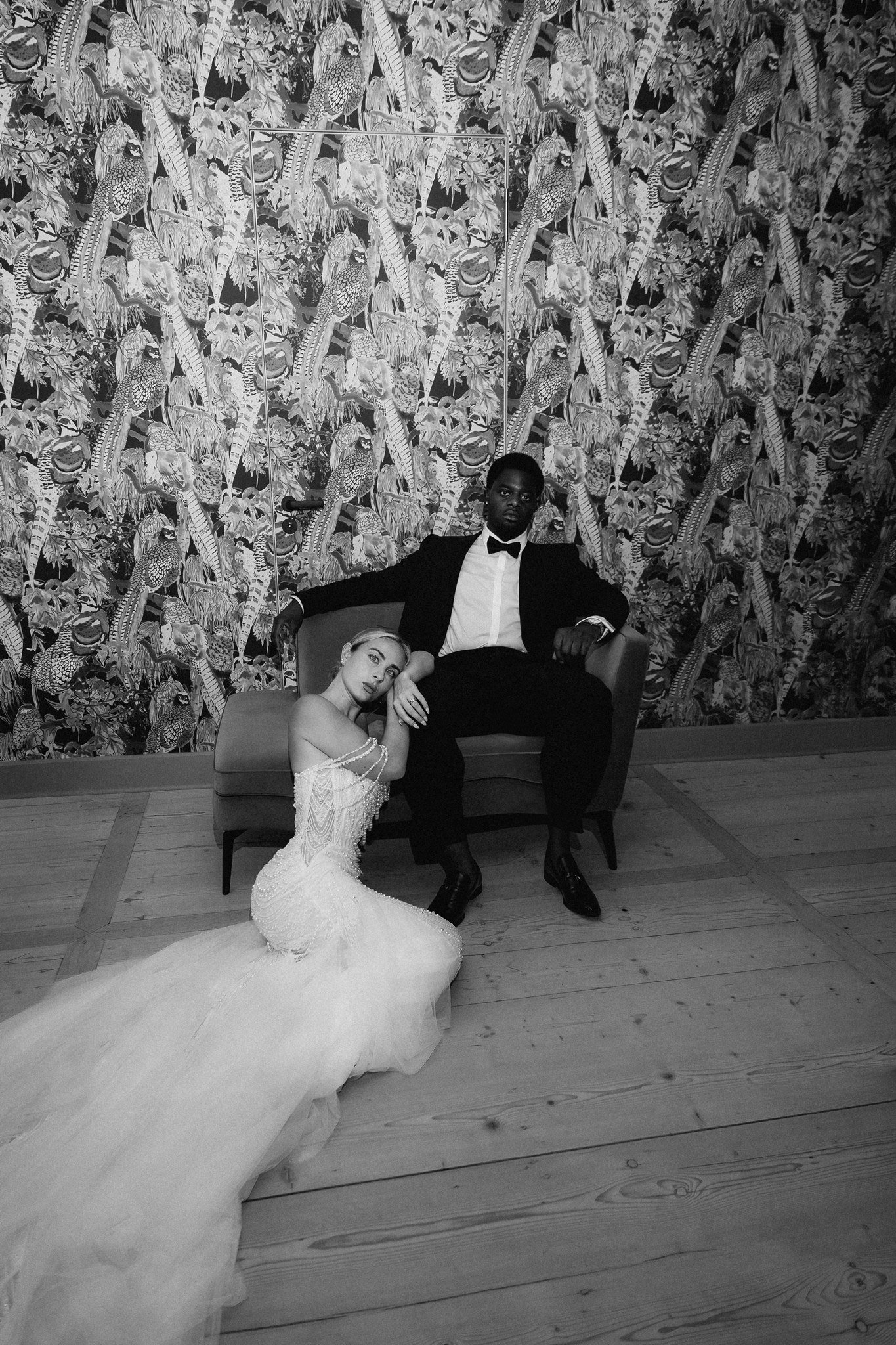 Couple at Schloss Duttenstein, black and white editorial portrait