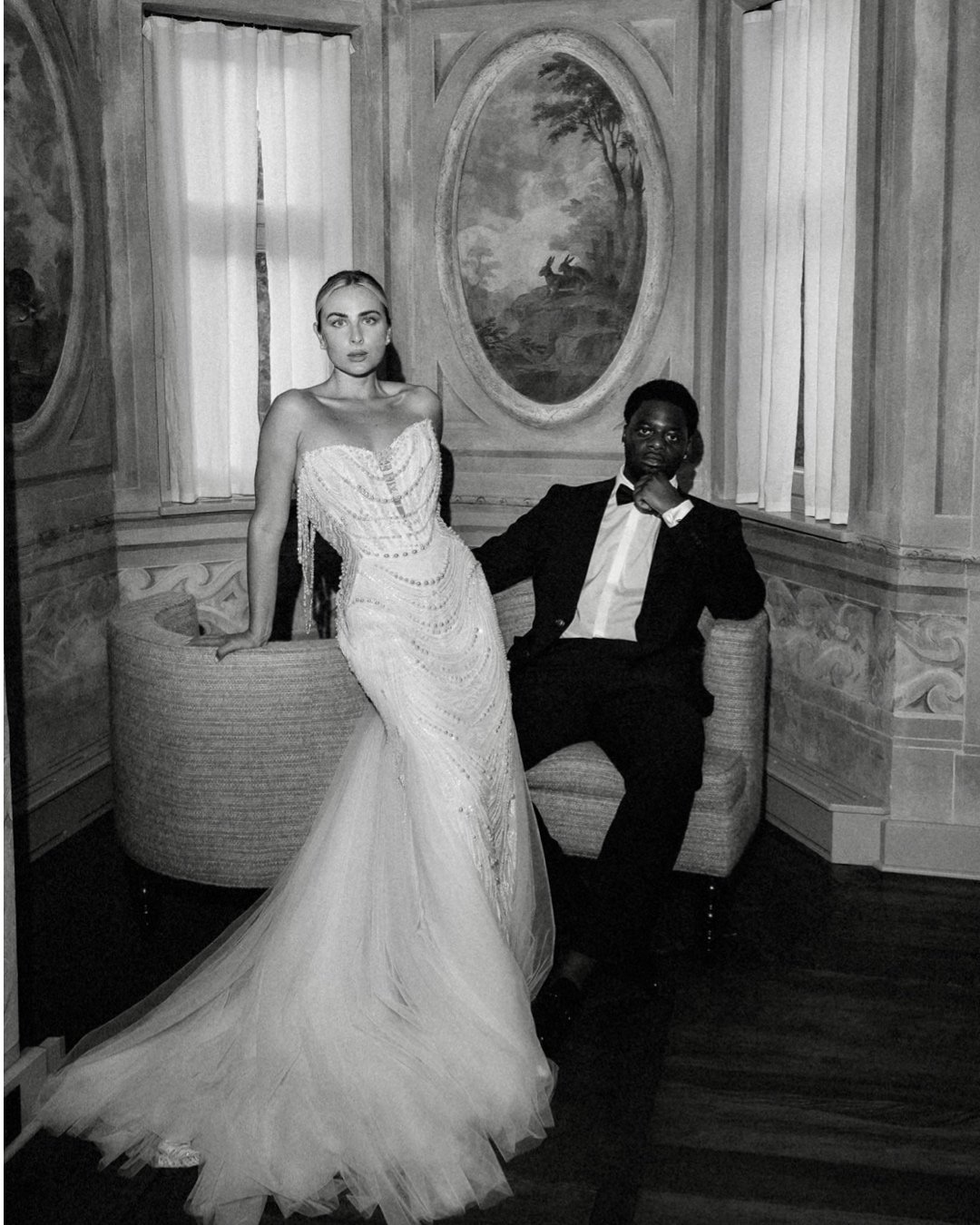 Couple portrait in the frescoed salon at Schloss Duttenstein, black and white
